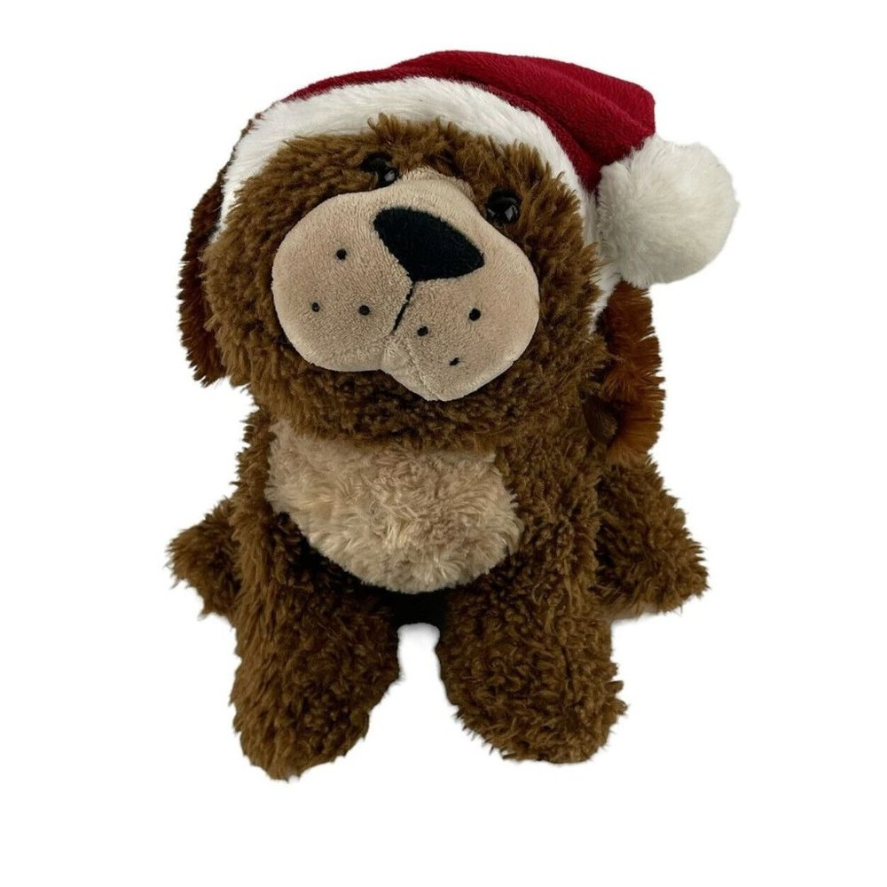 Ganz Biscuit Dark Brown Puppy Dog 10" Plush Stuffed Animal Red Christmas Hat